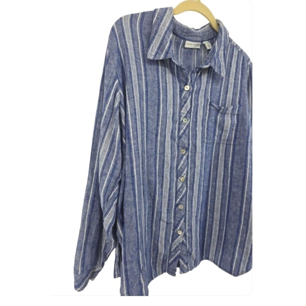 Susan Graver Women's Blue Striped Linen Blend Button Up Top Size 1XP